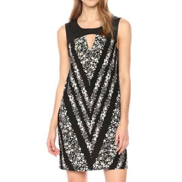 BCBGMaxAzria Black Faux Leather Trim Floral Print Striped Dress NWT Size Medium - Picture 1 of 6